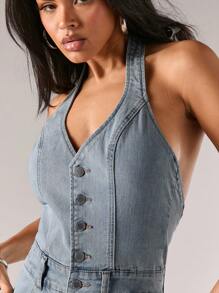 SHEIN BAE Women's Single Row Button V-Neck Sleeveless Casual Patch Pocket Denim Jumpsuit - Baby Blue - View 5