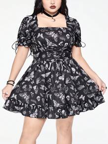 ROMWE Gothic Floral Skull Print Puff Sleeve Lolita Dress, Plus Size - Black - View 6