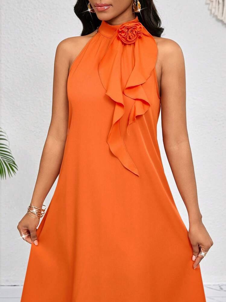 ladies cute dresses SHEIN Lady Elegant Burnt Orange Summer Party Dress For Women,3D Flower Ruffles Neckline Halter Mid-Length Bohemian Vacation Loose Casual cute summer dresses On Point Mesh Corset support dress shoes it carries the peaceful Color:off white
