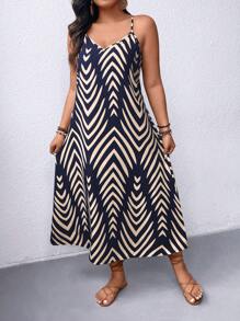 大码女式夏季人字形印花细肩带连衣裙长款女装