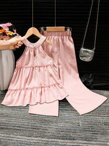 2pcs Young Girls Layered Cami Top & Casual Long Pants Set - Pink - View 2