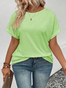 INAWLY Women Plus Size Loose Casual Round Neck T-Shirt, Summer - Green - View 3