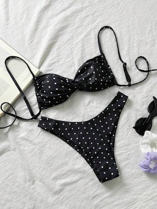 Swim Mod Spring Break Women Polka Dot Random Print Spaghetti Strap Twist High Cut Sexy Bikini Swimwear Set, Summer Outfits