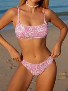 Swim Mod Conjunto de bikini de estampado floral sexy casual de vacaciones para mujer, ropa de playa - Rosa - Ver 4