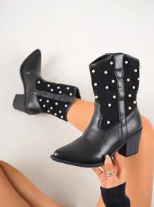 Styleloop Bottes mi-mollet à talon épais avec décoration de perles de couleur noire unie de haute qualité à bout pointu pour femmes
