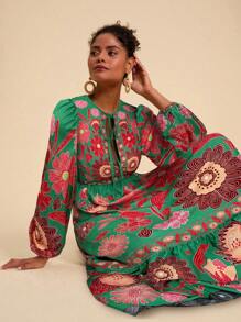 Travachic 度假花卉印花系带长袖连衣裙、秋装、优雅女装、秋季女装、墨西哥女装