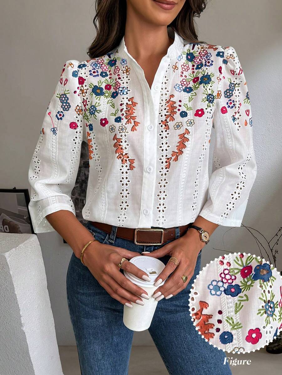 SHEIN Clasi 女士花卉印花泡泡休闲激光切割刺绣优雅衬衫，春夏女士衬衫