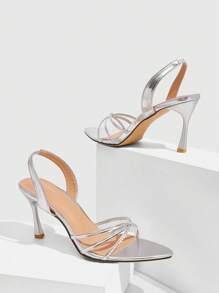 CUCCOO SZL Pointed Toe Slim High Heel Sandals, Rhinestone Embellished Closed Toe Versatile Dress Sandals - Silver - View 5