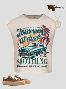 SHEIN Camiseta de manga corta con gráfico de coche retro para niñas, dulce y picante, campamento de verano