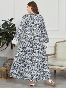 Al Najma Plus Size Long Sleeve Floral Lace Trim Arabic Women Dress,Modest - Purple - View 2