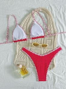 SHEIN Swim Random Polka Dot Print Spaghetti Strap Triangle Bra And High Cut Bottoms Women 2 Pieces Swimwear, Cute Summer Beach Holiday Style Bikini Set