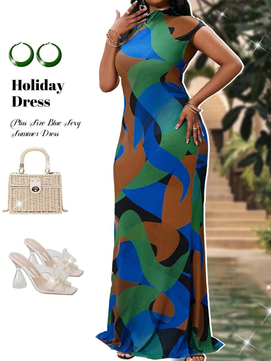 SHEIN Lady Váy hè gợi cảm màu xanh cỡ lớn cho nữ, Váy tốt nghiệp tay dài, Trang phục dự tiệc mùa hè cho nữ cao, Váy dài dự tiệc cưới - Nhiều màu - Xem 1
