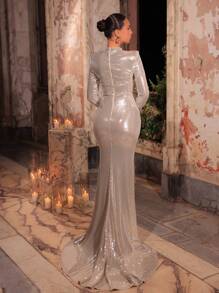 Glamrae Elegant And Gorgeous Silver Sequin Coated Fabric Handmade Three-Dimensional Bow Deep V-Neck Wide Shoulders Long Sleeve Fishtail Dress Tail Suitable For Dating Evening Party Ladies Formal Dinner Dress, Wedding Guest Dress, Gown - Pink - View 3