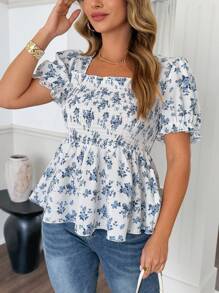 Flirla Plus Size Short Sleeve Square Collar Casual Shirt, Suitable For Summer - Blue and White - View 1