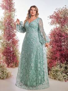 Serin Đầm dự tiệc sang trọng cho mẹ có tay áo đèn lồng thêu hoa hồng cỡ lớn và trang trí đá quý - Màu xanh Bạc hà - Xem 4