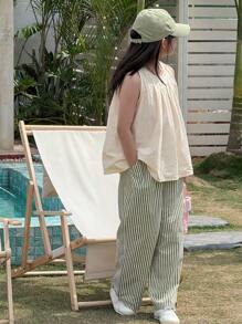 Dazy Kids 2pcs Tween Girl Crew Neck Sleeveless Top And Striped Woven Long Pants Set, Summer - Apricot - View 1