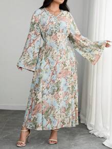 Modelyn Plus Size Woven Floral Print Long Sleeve Tie-Waist Ruffle Trim A-Line Dress Fall Cloth For Women