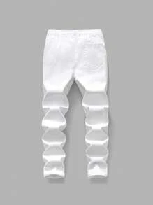 Teenager Boys' Slim Fit White Distressed Washed Denim Jeans With English Text & Bear Graphic Print, Casual & Fashionable For Daily Wear - White - View 2