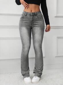 SHEIN Tall Women's Skinny Low-Waist Stretchy Flared Denim Jeans, Blue - Grey - View 1