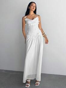 Aloruh Váy chiffon hở lưng cổ khoét sâu thêu hoa dành cho nữ, màu trắng - trắng - Xem 4
