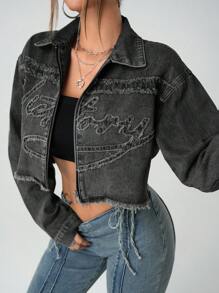 SHEIN Teen Girls Frayed Edge Letter Black Denim Short Loose Long Sleeve Jacket - Black - View 3