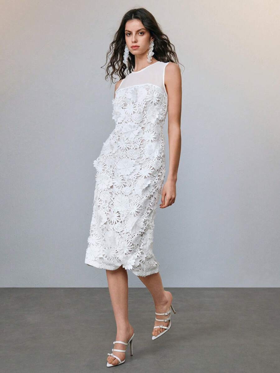 SHEIN LUNE 纯色碎花无袖圆领镂空性感优雅休闲度假约会女士中长连衣裙，适合春夏季，适合伴娘服、晚礼服、正式活动 - 白色 - 查看 1