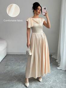 Elenzga Vestido largo de verano elegante en color albaricoque sólido para mujeres