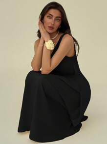 Aloruh Elegant Minimalist Office Outfit Draped Neck A-Line Pleated Midi Dress For Women - Black - View 4