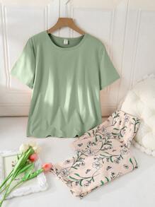 Conjunto de pijama para primavera de 2 piezas para niña preadolescente: top de manga corta de cuello redondo de color verde sólido y pantalones casuales sueltos de punto rosa