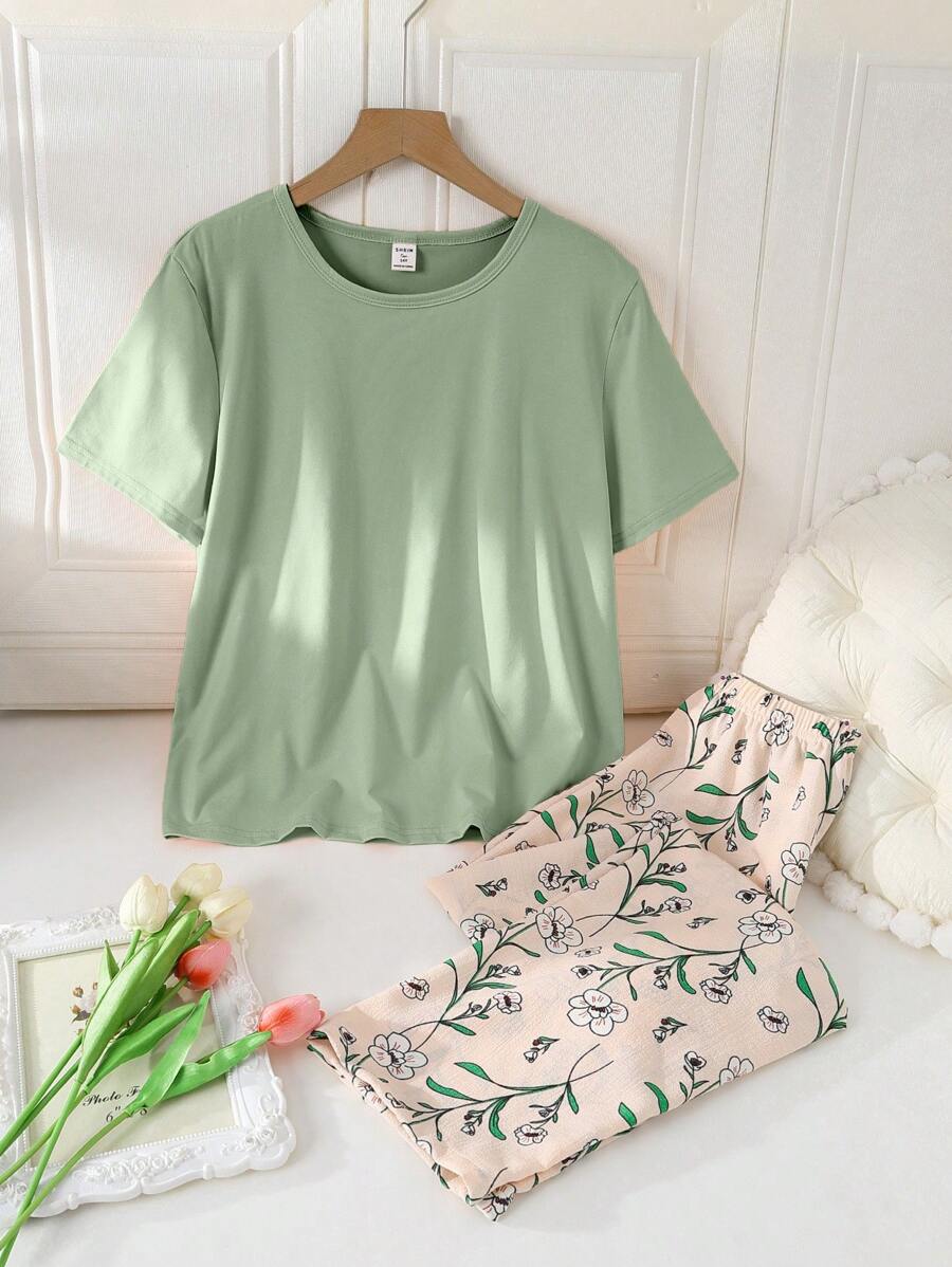 Conjunto de pijama para primavera de 2 piezas para niña preadolescente: top de manga corta de cuello redondo de color verde sólido y pantalones casuales sueltos de punto rosa