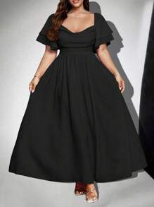 NU&NOW Vestido elegante con volantes y mangas abullonadas, cuello con lazo, de estilo plisado y fluido para fiesta, boda, vacaciones, en estilo vintage para mujer de talla grande