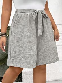 SHEIN LUNE Plus Size Women's Solid Color Waist Tie Pocket Casual Shorts Spring For Women Summer Summer Easter Women Western Wear Women Summer For Women Vacation Summer Women Shorts - Grey - View 6