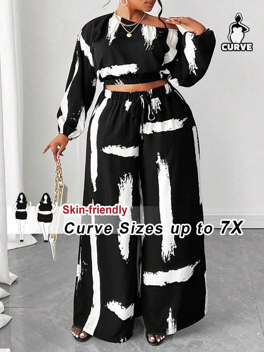 SHEIN CURVE+ Plus Size 2 Pieces Floral Print Set, Long Sleeve Oblique Shoulder Top And Pants Fall Cloth For Women - Black and White - View 1