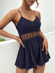 SHEIN Frenchy Women's Solid Color Contrast Lace Camisole Romper Summer