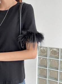 DAZY Camiseta de cuello redondo con puños de felpa, estilo preppy - Negro - Ver 6