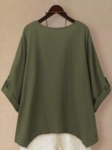 Linhara 女士亚麻不对称下摆长袖衬衫，春夏 - 軍綠色 - 查看 2
