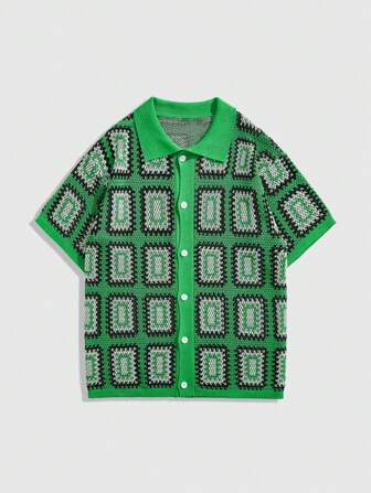 Street Life Men's Vacation Casual Contrast Color Geometric Print Short Sleeve Knit Top