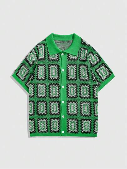 Street Life ملابس علوية محبوك قصير الأكمام بطبعة هندسية ذات ألوان متباينة للرجال في المناسبات غير الرسمية