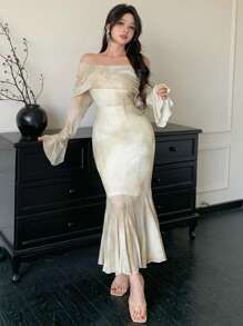DAZY 女式中长花卉印花喇叭袖优雅美人鱼连衣裙优雅秋季连衣裙长袖连衣裙 - 杏色 - 查看 3
