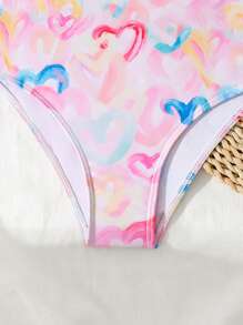 SHEIN Tween Girl 霓虹心形印花可调节肩带连体泳衣 - 彩色 - 查看 6