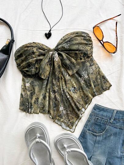 Soleia 女士复古印花结饰前系带荷叶边拼布短款上衣，度假风格