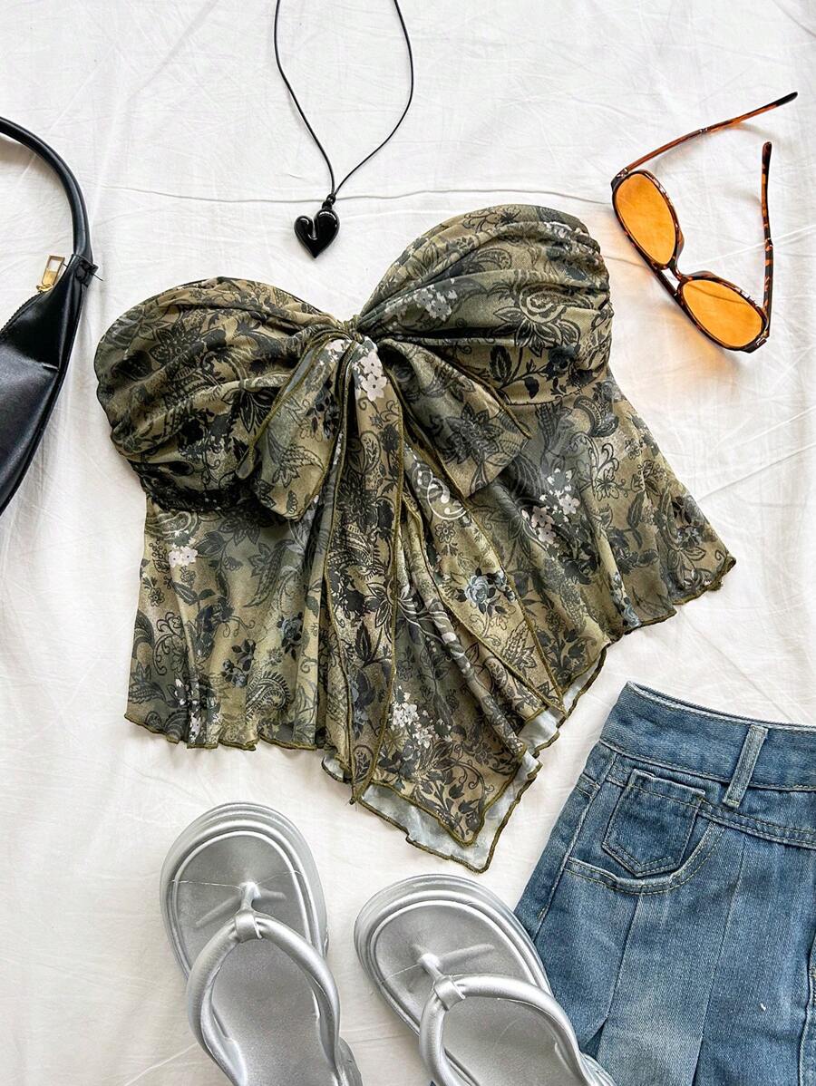 Soleia 女士复古印花结饰前系带荷叶边拼布短款上衣，度假风格 - 彩色 - 查看 1