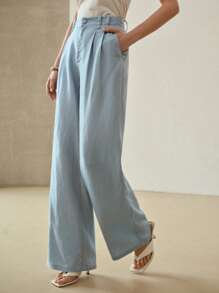 MOTF PREMIUM PANTALONES CON BOLSILLO INCLINADO Y PLIEGUES PLEGADOS DE LINO - Azul - Ver 2