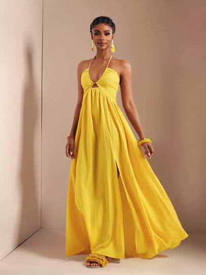 Zivah Beach New Spring And Summer Casual Holiday Halter Neck Strapless Bust, Waist And Back A Swing Skirt With High Slit On The Front To The Thigh, Yellow Sea Stripe Women's Extra Long Dress,Pastel Dresses For Women,Vacation Outfits Women