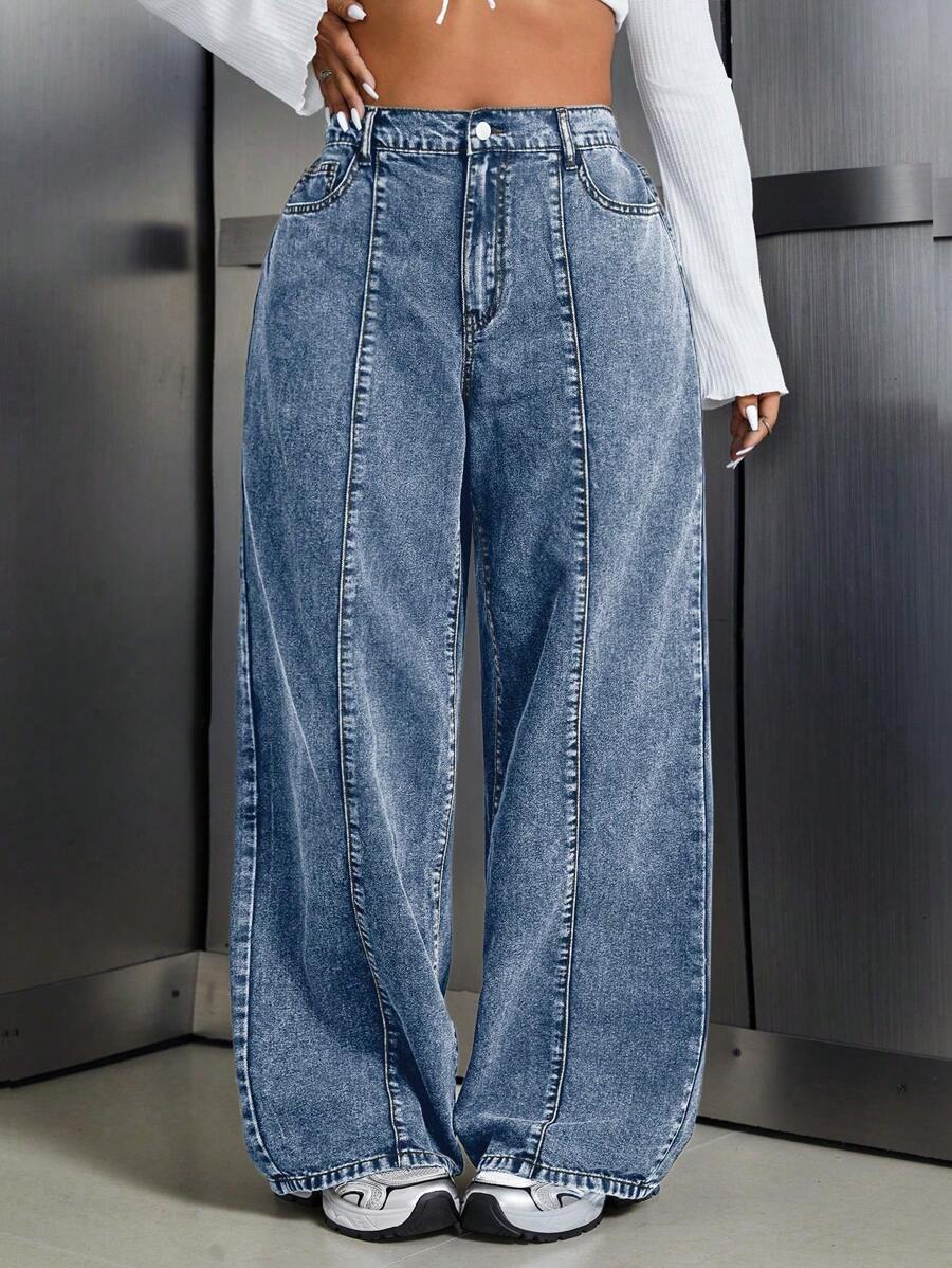 SHEIN ICON Plus Size Dames Losse Pasvorm Zak Wijde Pijp Casual Veelzijdige Jeans