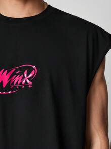 ROMWE MEN Winx Club X ROMWE Men's Letter & Butterfly Print Tank Top - Black - View 5