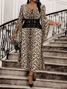 SHEIN Lady Elegant Brown Leopard Print Midi Dress For Women, Plus Size Autumn Outfits, Vintage Square Neck Flared Split Sleeve Corset Dress, Church Clothes - Multicolor - View 1