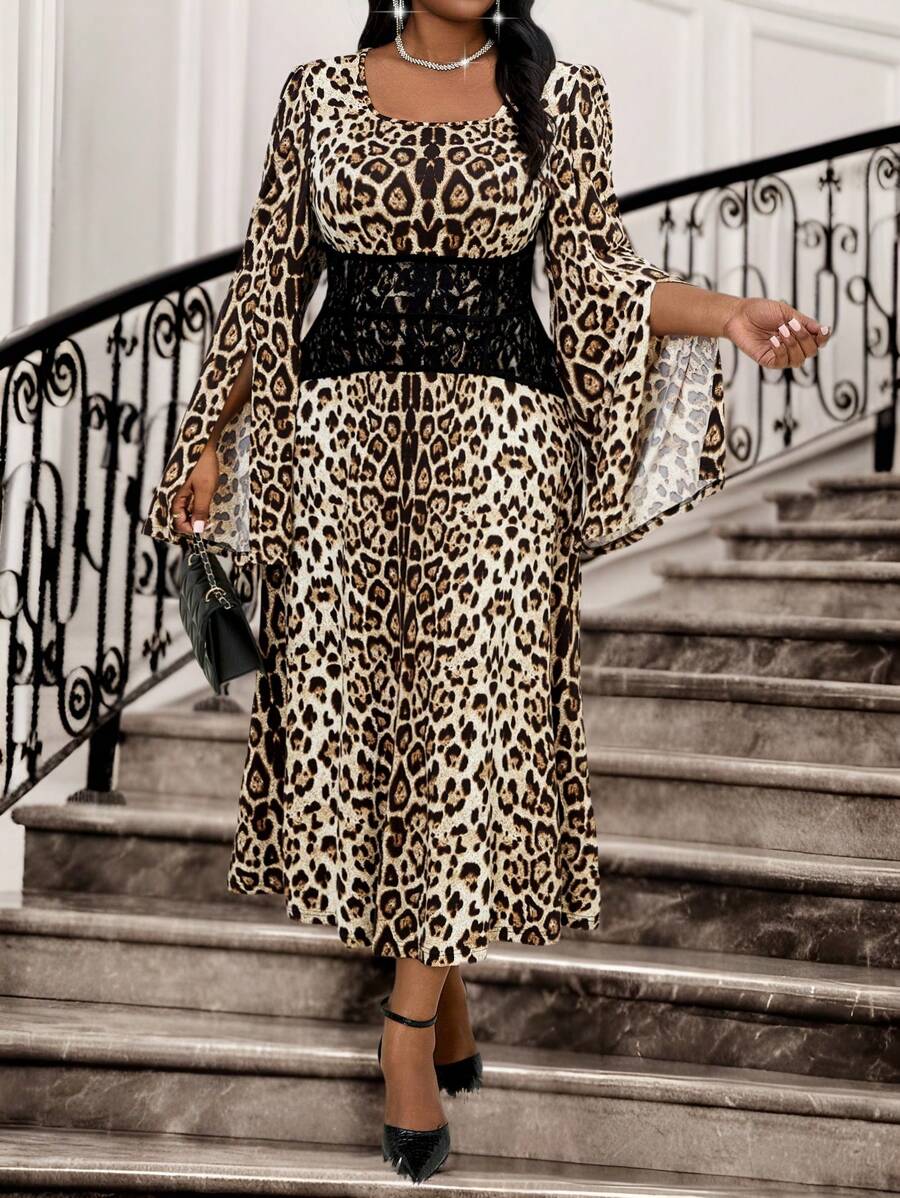 SHEIN Lady Elegant Brown Leopard Print Midi Dress For Women, Plus Size Autumn Outfits, Vintage Square Neck Flared Split Sleeve Corset Dress, Church Clothes - Multicolor - View 1