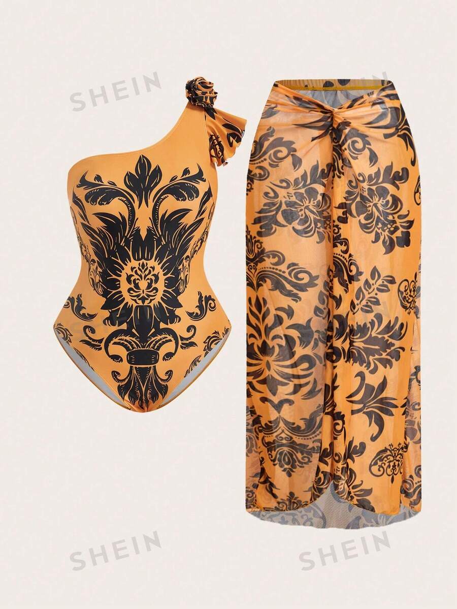 Swim Oasis 1 set Set de monokini vintage cu șalter cu model pentru femei de mărime mare, cu fustă înfășurată, costum de baie casual pentru vacanță la plajă - Multicolor - Vizualizare 1