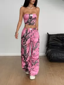 StreetHx 2 件套复古树叶印花抹胸上衣和休闲长裤套装，女士，秋季 - 粉色 - 查看 6